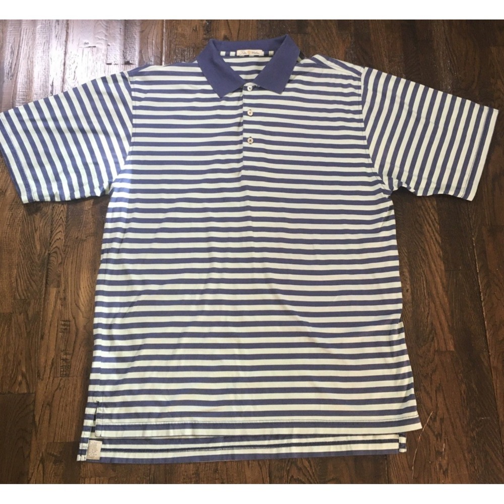 Peter Millar Polo L Double Mercerized Cotton Blue Stripe Luxury Golf Shirt EUC